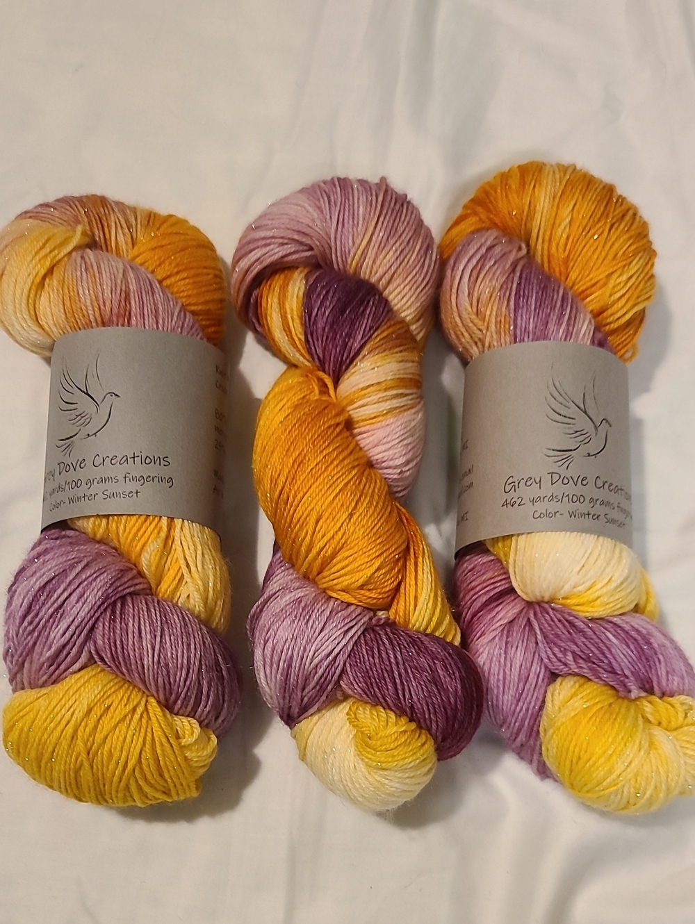 Hand-Dyed Yarn 3 Pk, Colorway Winter Sunset, By Grey Dove Creations, Fingering